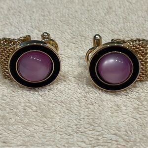 Vintage Cuff Links  Gold Tone Pink Opaque Stone
